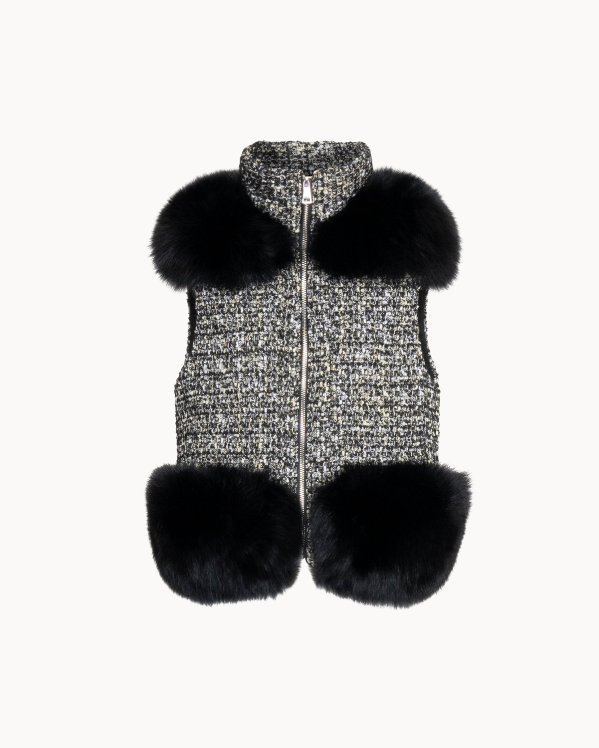 Tweed Vest With Fur - Black