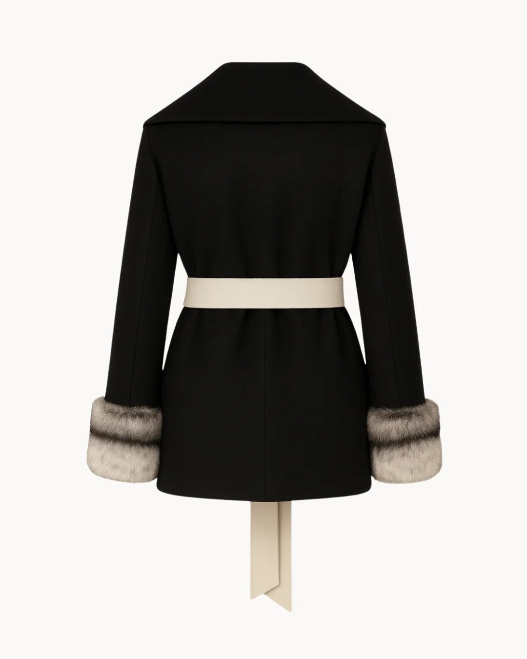 Belted Fur Cuff Coat – Ash Black & Bone