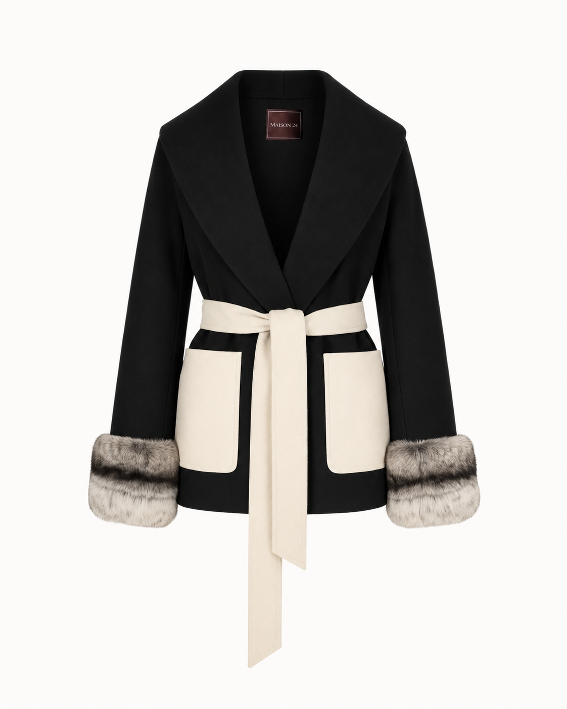 Belted Fur Cuff Coat – Ash Black & Bone