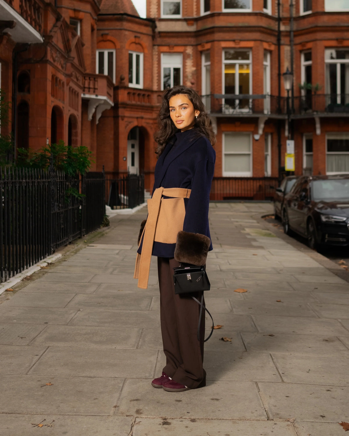 Belted Fur Cuff Coat – Navy/Camel