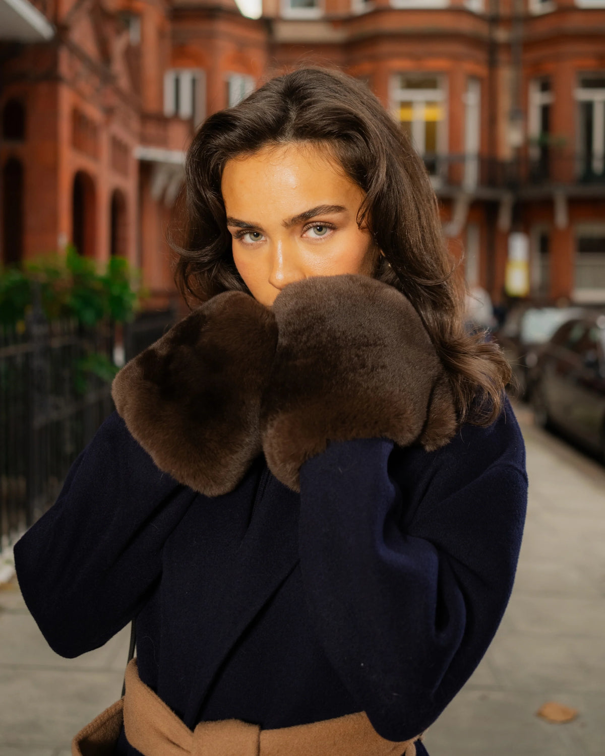 Belted Fur Cuff Coat – Navy/Camel