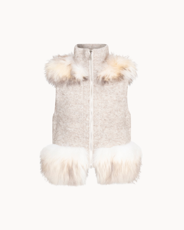 Tweed Vest With Fur - Beige
