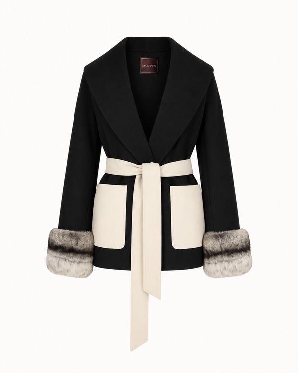 Belted Fur Cuff Coat – Ash Black & Bone