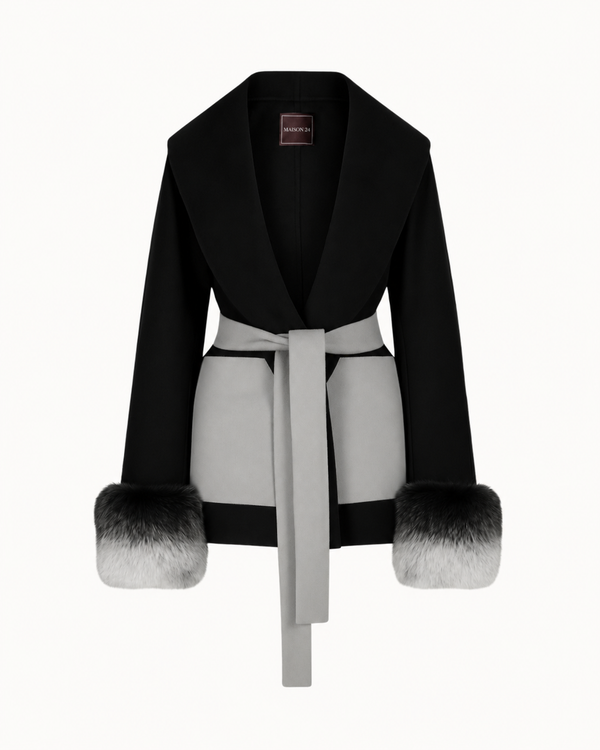 Belted Fur Cuff Coat – Charcoal & Mist