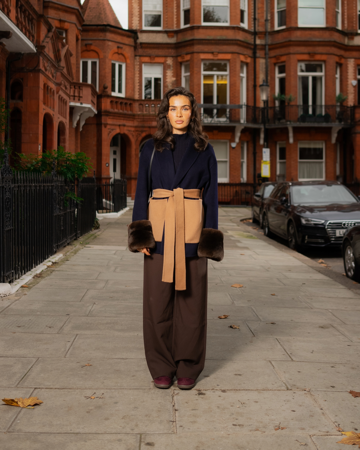 Belted Fur Cuff Coat – Navy/Camel