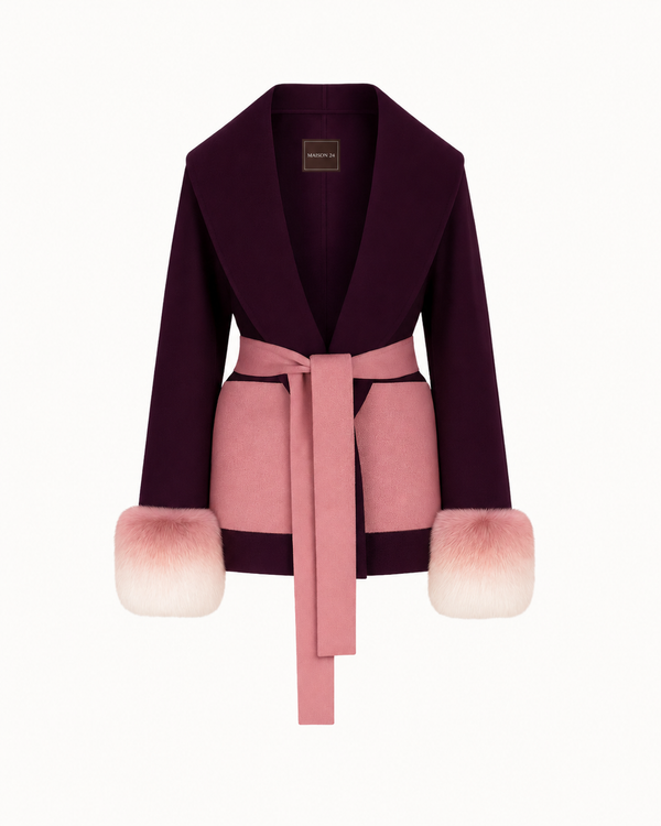 Belted Fur Cuff Coat – Deep Plum & Dusty Rose